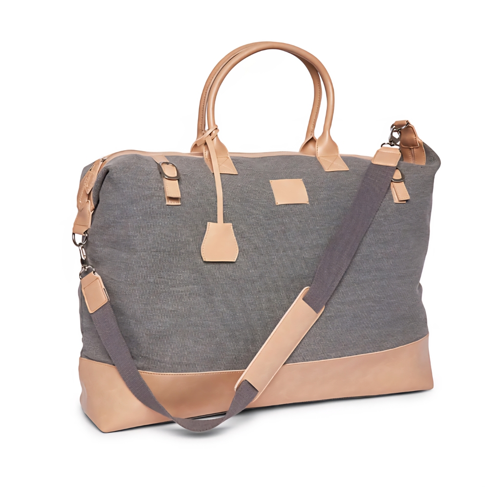 Sophisticated Gray and Tan Duffel Bag with Leather Trim